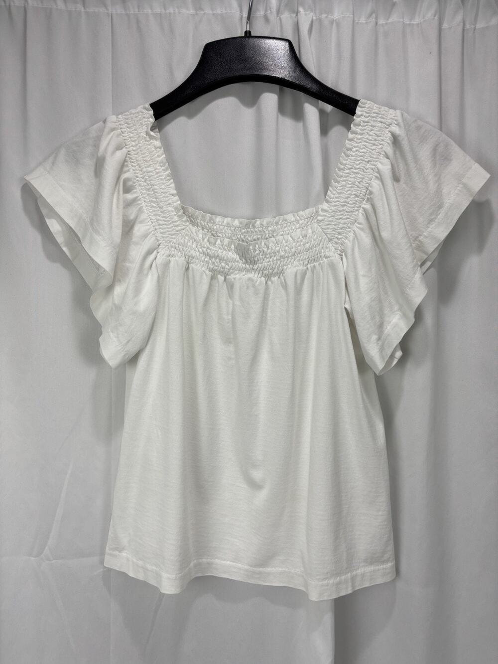 J. Crew Smocked Square-Neck Flutter Sleeve White Cotton Top XXS Feminine Preppy
